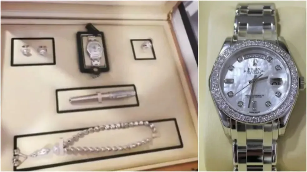 Terceiro kit de joias inclui anel e relógio de ouro branco da marca Rolex.