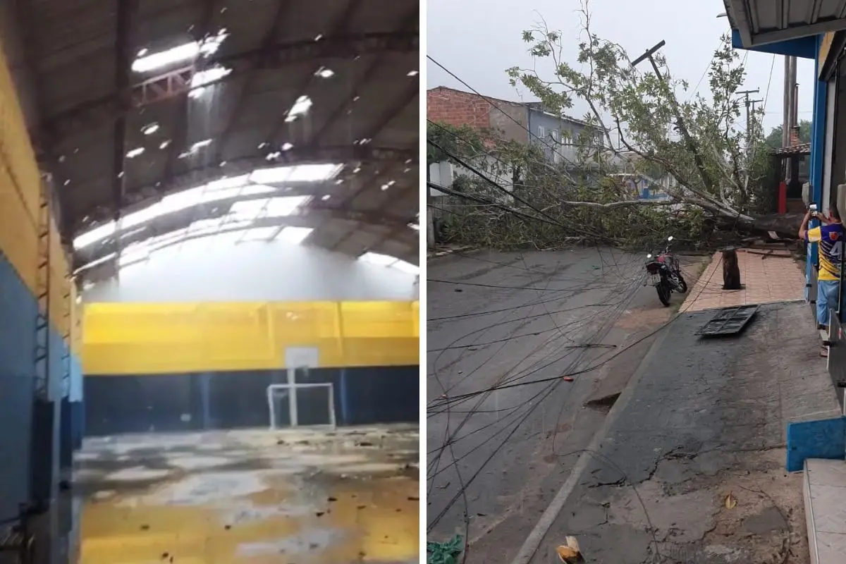 Quadra que ficou destelhada e árvore caída em Uruburetama