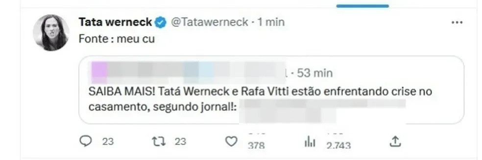 Tatá ironizou os boatos de desentendimentos