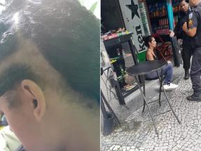 Montagem de fotos mostra funcionária agredida à esquerda, mostrando parte de seu cabelo que foi arrancado, e a agressora à direita, conversando com policiais