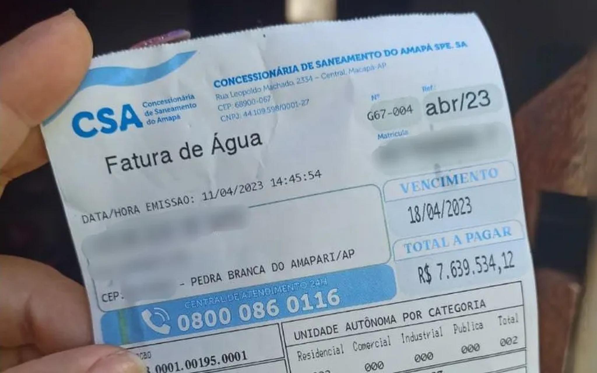 Moradora do Amapá recebe conta de água no valor de quase R$ 8 milhões