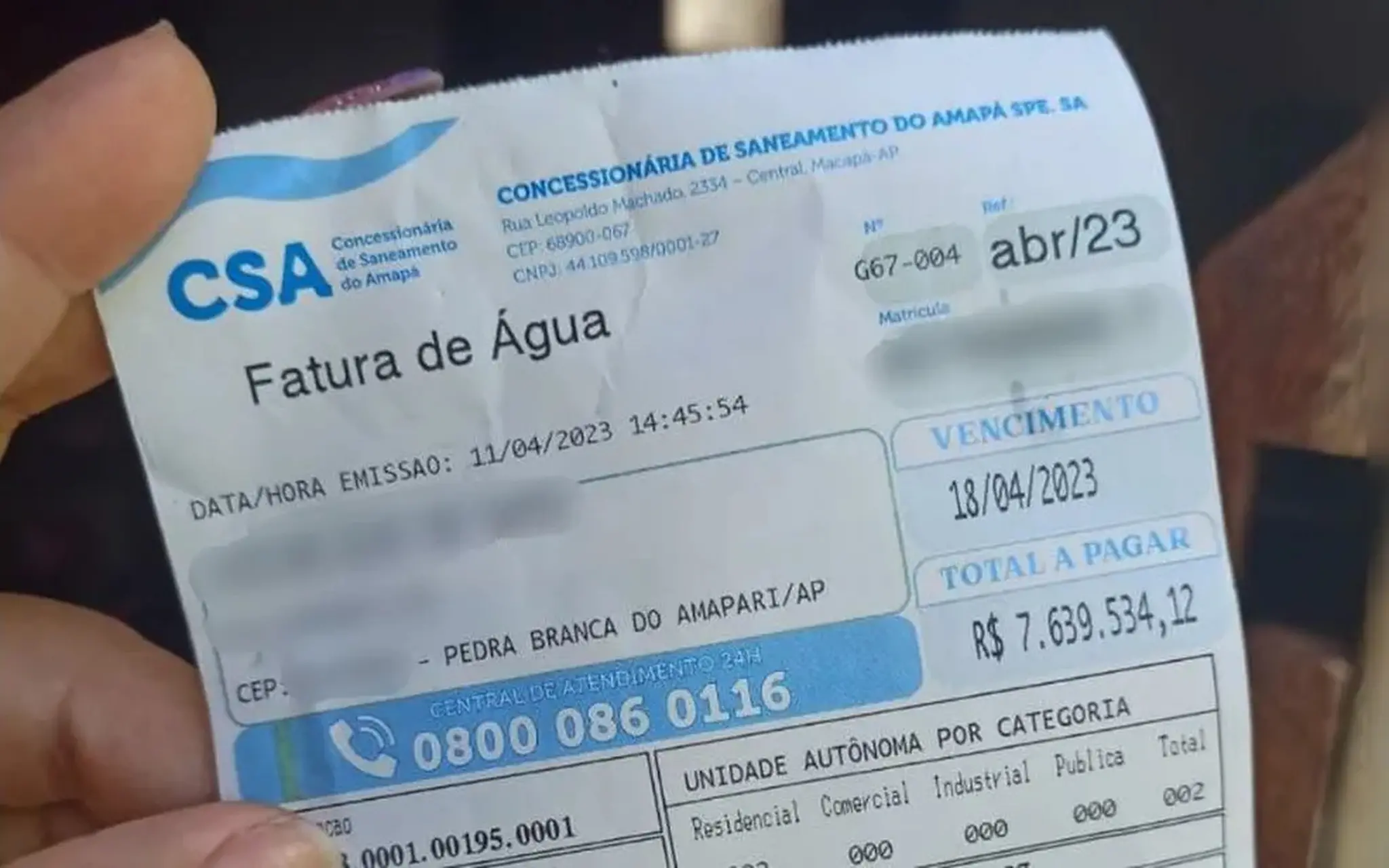 Moradora do Amapá recebe conta de água no valor de quase R$ 8 milhões