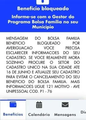 Mensagem que aparece no cadastro único sobre bloqueio do Bolsa Família