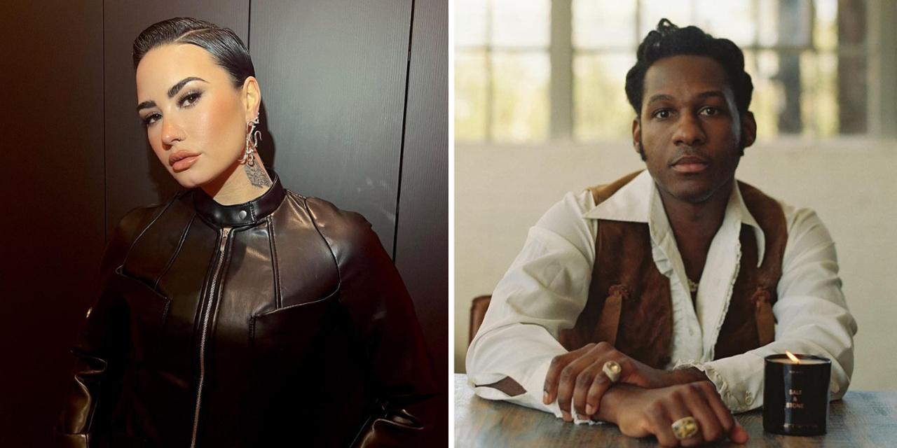 Montagem de fotos dos artistas Demi Lovato e Leon Bridges