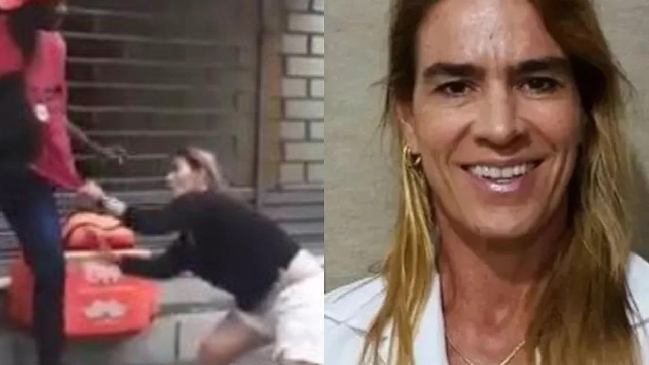 Montagem de fotos mostra a agressão cometida à esquerda e a jogadora de vôlei à direita. Ela é uma mulher branca, loira e com sobrancelhas grossas