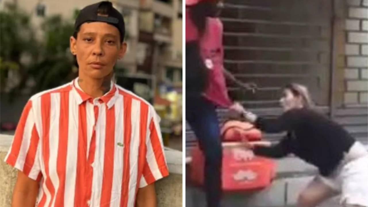 Montagem com entregadora Viviane de Souza e imagem de ex-jogadora de vôlei Sandra Mathias agredindo entregador