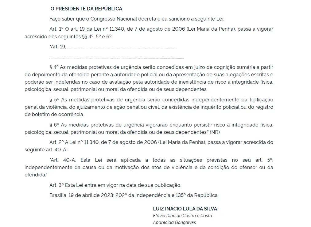 Trecho das alterações na Lei Maria da Penha