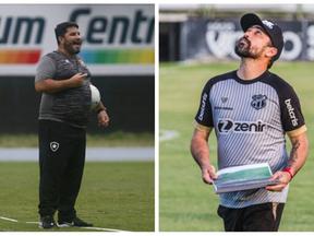 Eduardo Barroca com a bola em treinamento e Morínigo com a camisa do Ceará