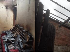 Montagem de fotos mostra compartimentos da casa completamente incendiados