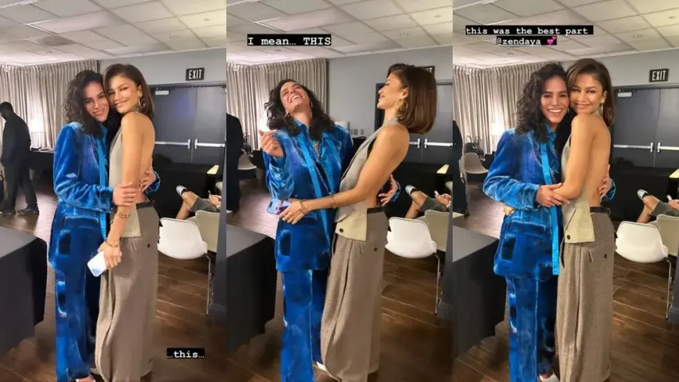 Bruna Marquezine e Zendaya se abraçam nos bastidores da CinemaCon, em Las Vegas, nos Estados Unidos, no dia 25 de abril de 2023