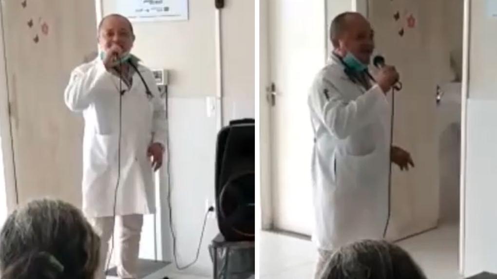 Médico cantando para pacientes em unidade de saúde no município de Senador Pompeu, Ceará