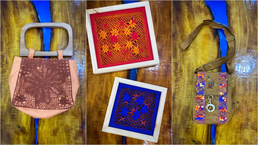 Montagem de fotos mostra pelas de artesanato coloridas em vermelho e azul, principalmente