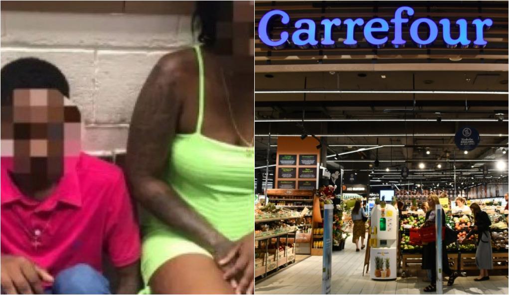Montagem de fotos mostra à esquerda o casal agredido e à direita a fachada de uma unidade do Carrefour