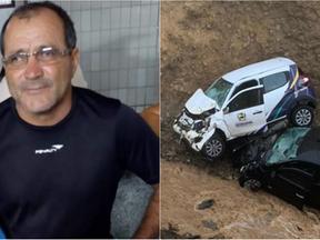 Montagem de fotos mostra a vítima, José, à esquerda, e os carros engolidos pela cratera à direita