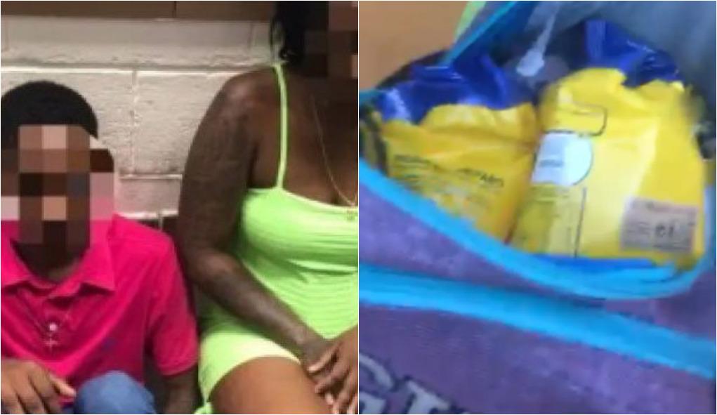 Montagem de fotos mostra casal agredido à esquerda e mochila com pacotes de leite à direita