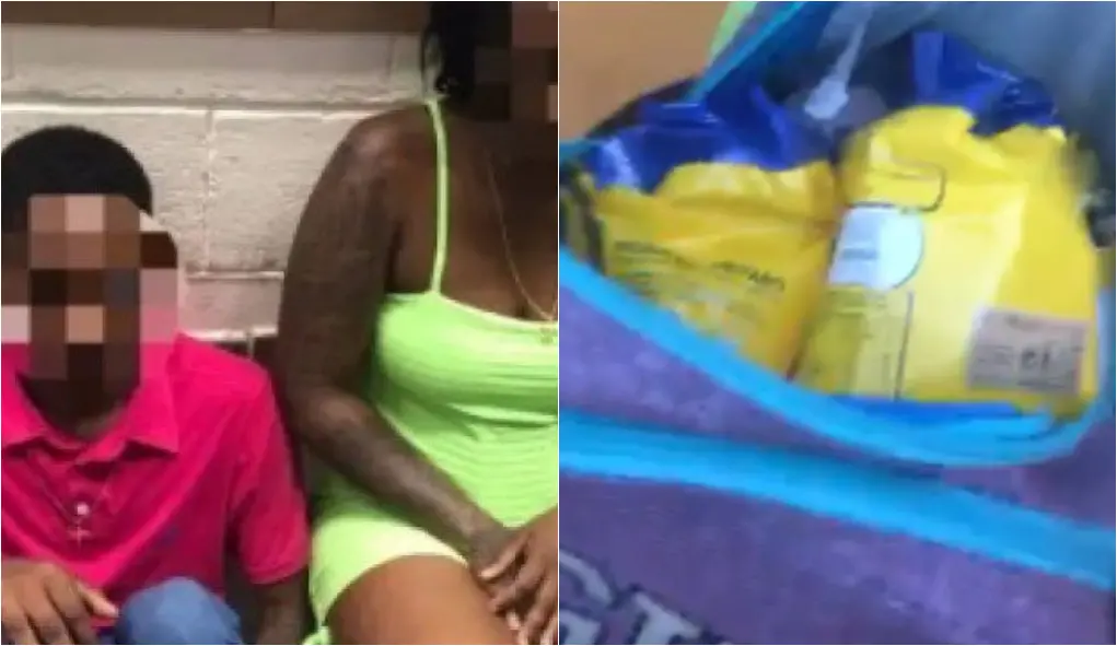 Montagem de fotos mostra casal agredido à esquerda e mochila com pacotes de leite à direita