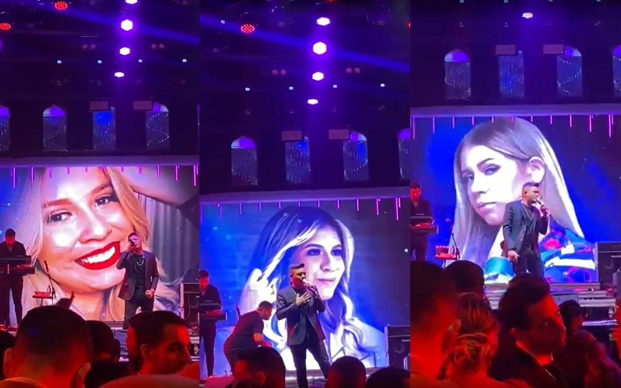 montagem com três momentos da apresentação de felipe araújo. no telão, imagens de marilia mendonça