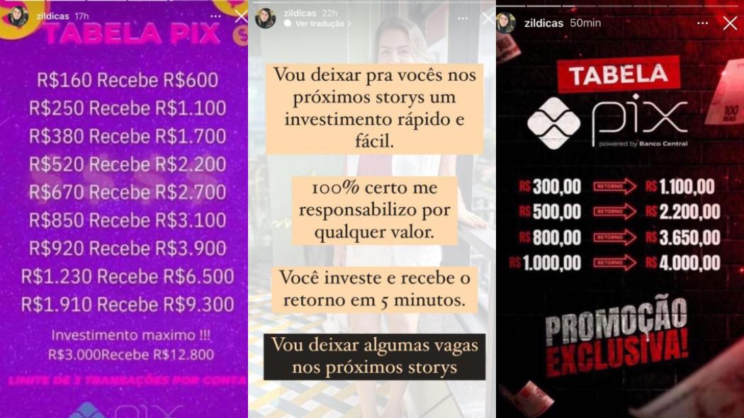Prints do golpe do pix aplicado no instagram de Zilda Dias