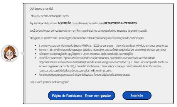 Mensagem de início da inscrição