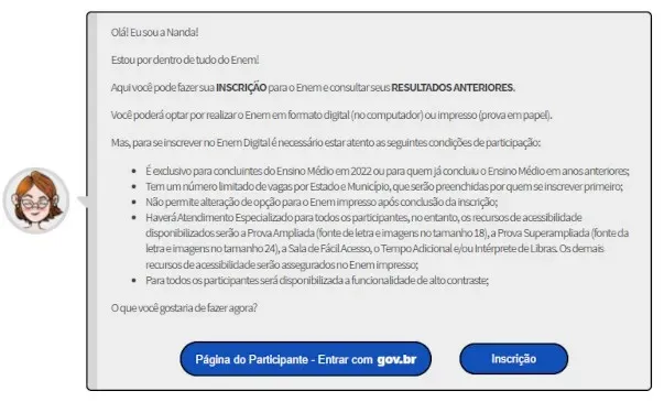 Mensagem de início da inscrição