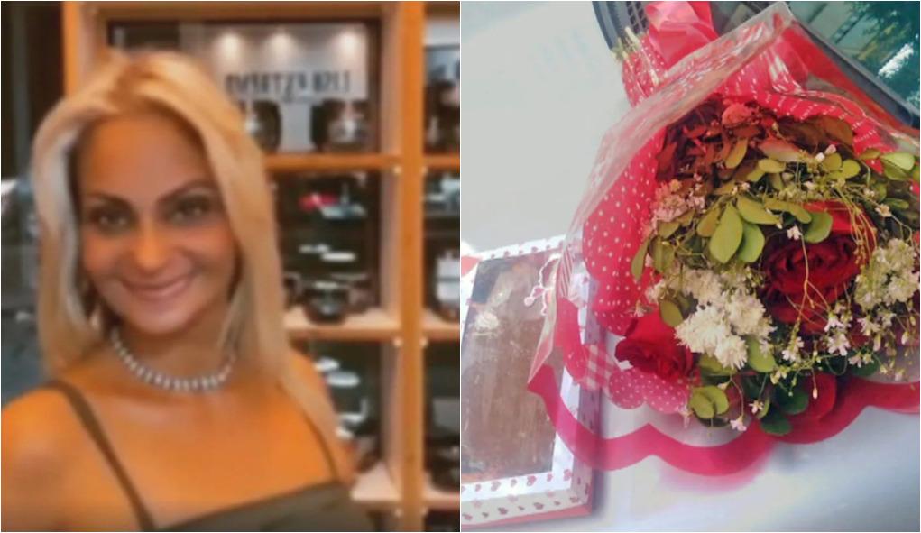 Montagem de fotos mostra a suspeita à esquerda e o buquê de flores e o chocolate à direita