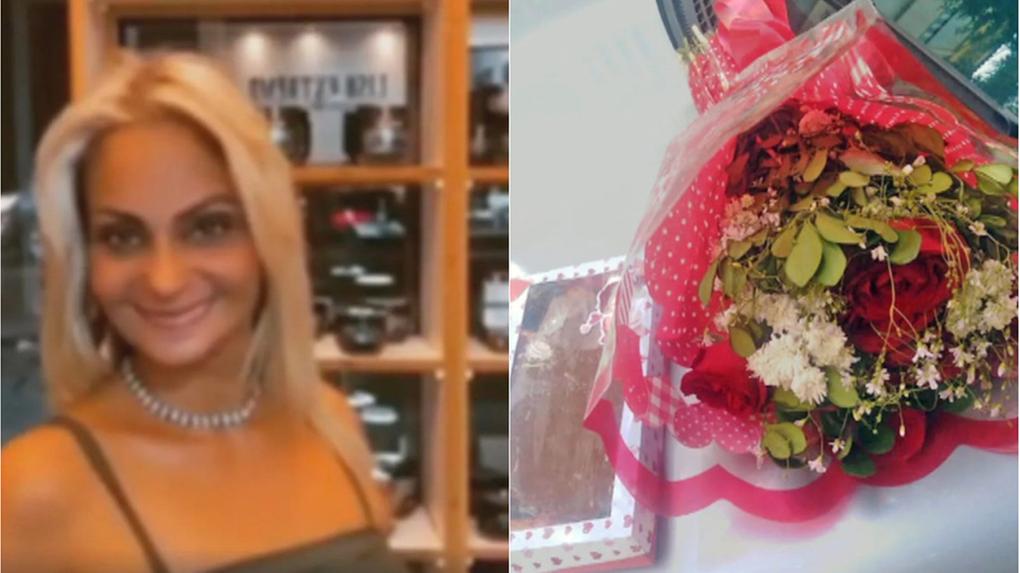 Montagem de fotos mostra a suspeita à esquerda e o buquê de flores e o chocolate à direita