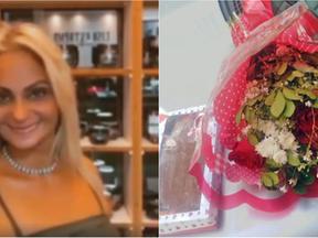 Montagem de fotos mostra a suspeita à esquerda e o buquê de flores e o chocolate à direita
