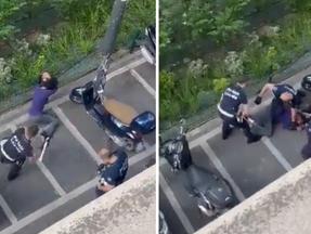 Montagem com imagens de mulher agredida por policiais na Itália