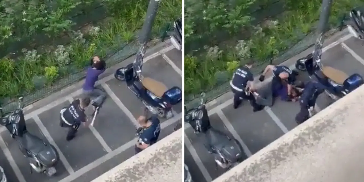 Montagem com imagens de mulher agredida por policiais na Itália