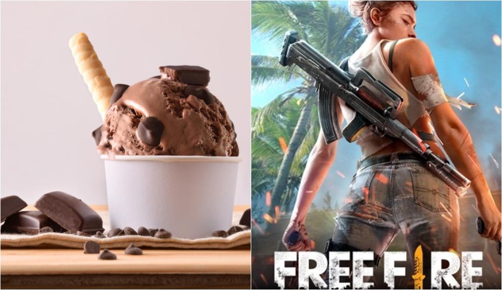 Montagem de fotos mostra um sorvete de chocolate à esquerda e a capa do jogo Free Fire à direita