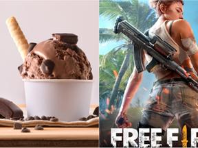 Montagem de fotos mostra um sorvete de chocolate à esquerda e a capa do jogo Free Fire à direita