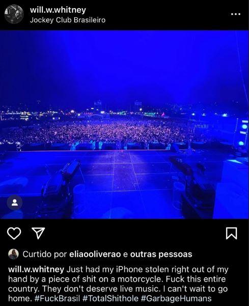 post do técnico de bateria de Lana Del Rey, Will Whitney, com críticas ao Brasil