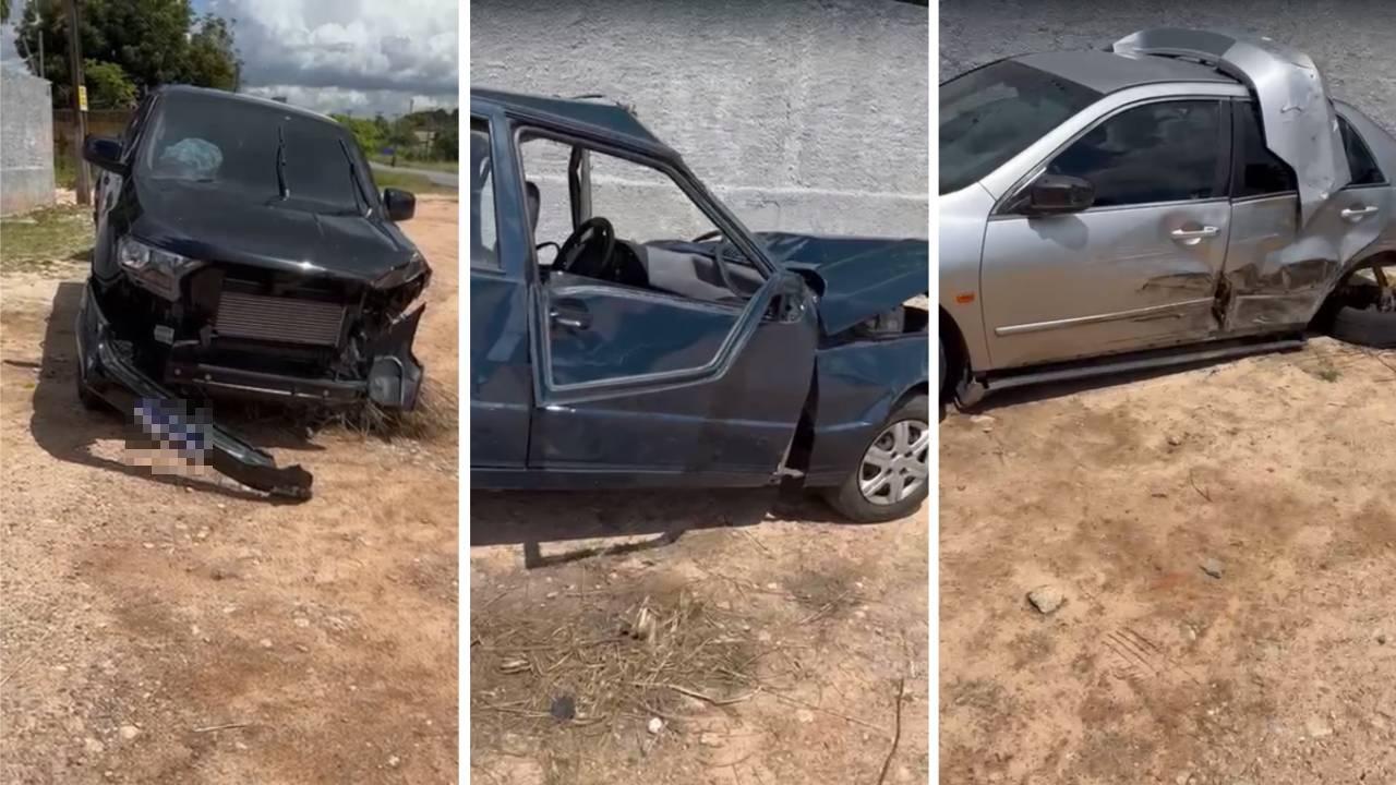 Montagem mostra imagens de três carros envolvido em acidente supostamente provocado por delegada em Aquiraz, no dia 27 de maio de 2023