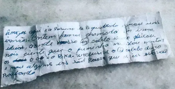 Bilhete foi apreendido na Penitenciária 2 de Presidente Venceslau, em São Paulo, no dia 19 de fevereiro de 2018, quatro dias depois do duplo homicídio