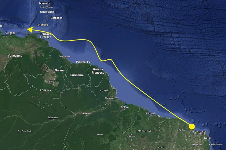 Mapa de deslocamento do Ceará até Venezuela