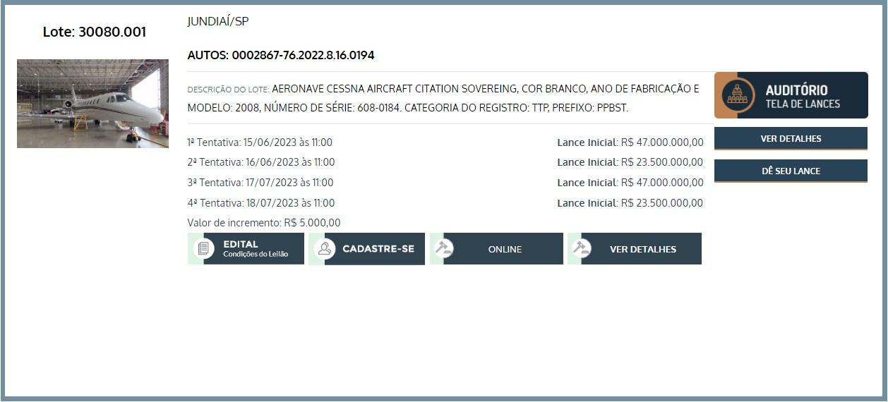 Informações do leilão estão disponíveis em site de leiloeiro