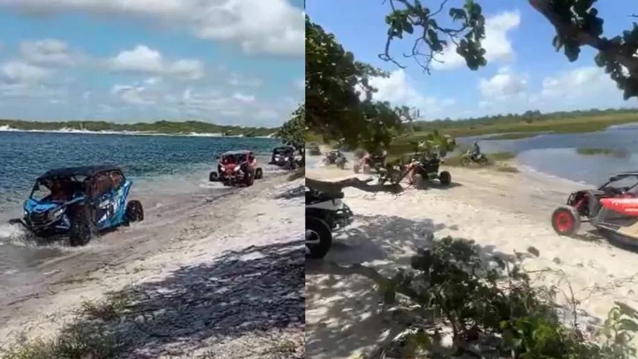 Veículos UTVs trafegando à beira de uma lagoa em Jijoca de Jericoacoara