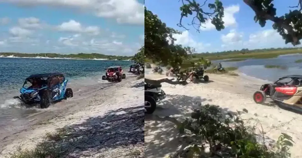 Veículos UTVs trafegando à beira de uma lagoa em Jijoca de Jericoacoara