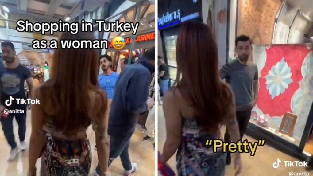 Montagem de fotos mostra a cantora caminhando em um shopping da Turquia