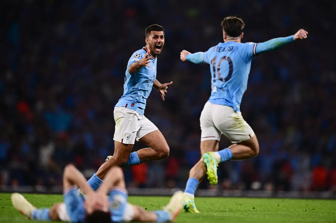 Rodri celebra o gol que garantiu o primeiro título da Liga dos Campeões da Europa para o Manchester City.