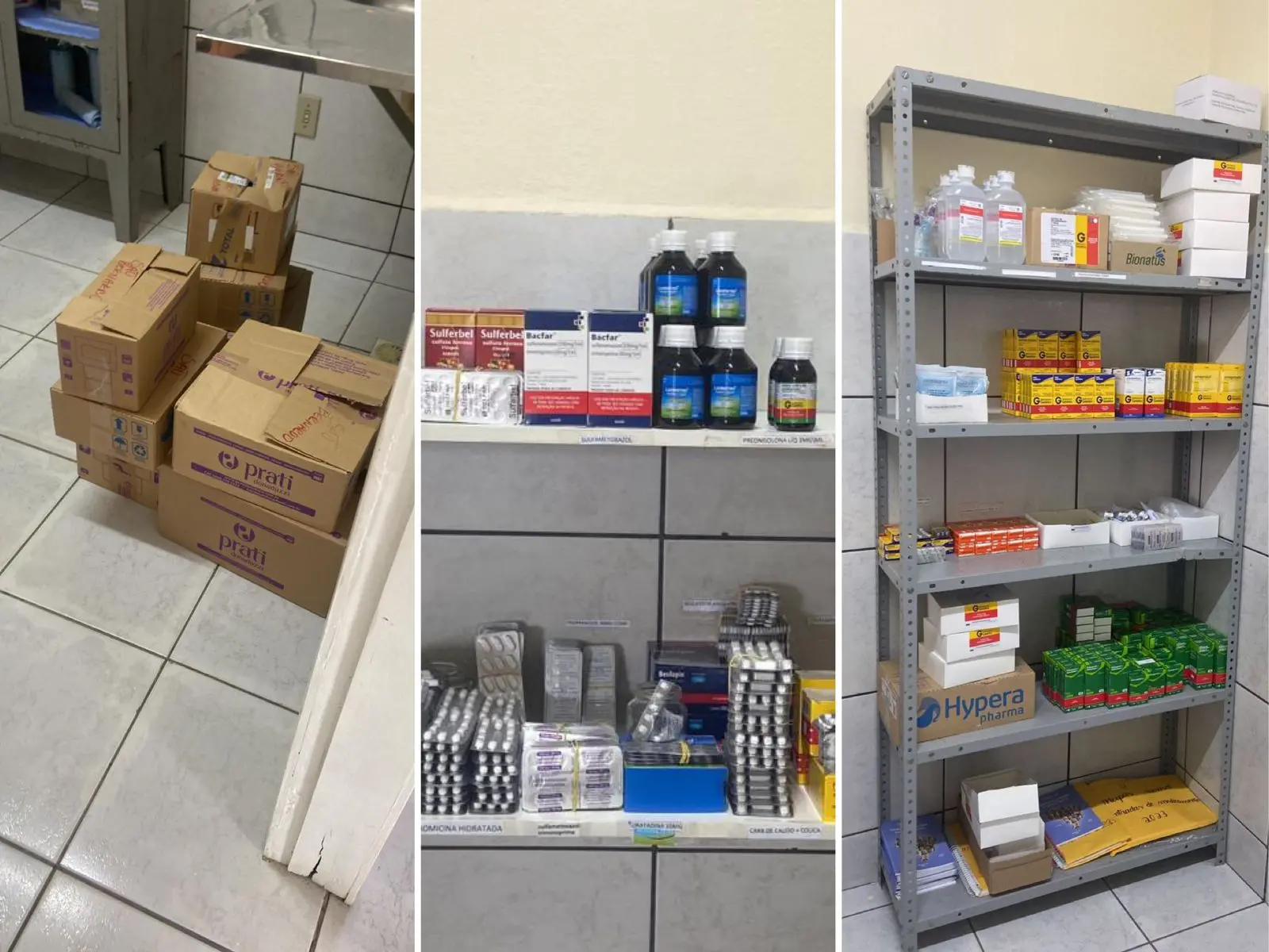 Montagem de fotos mostra caixas e medicamentos em posto