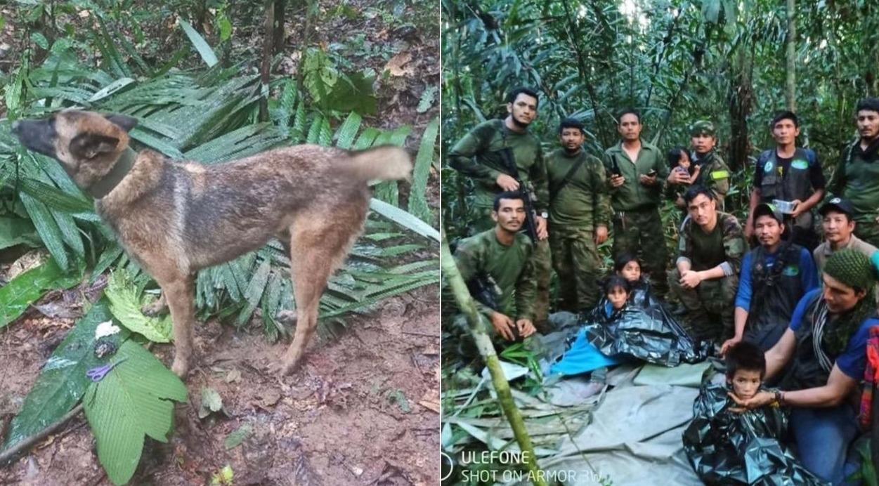 Montagem de fotos mostra Wilson à esquerda e a equipe de buscas com as crianças à direita