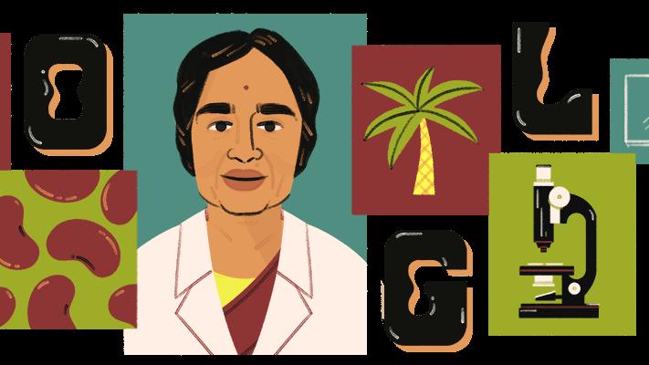Imagem do google em homenagem à cientista indiana Kamala Sohonie. Com fundo preto, há uma ilustração da cientista no meio e ao redor há elementos que remetem à carreira científica, como um microscópio