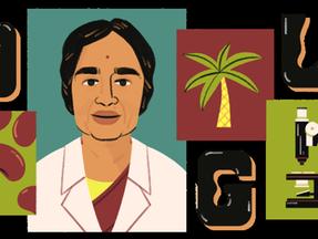 Imagem do google em homenagem à cientista indiana Kamala Sohonie. Com fundo preto, há uma ilustração da cientista no meio e ao redor há elementos que remetem à carreira científica, como um microscópio