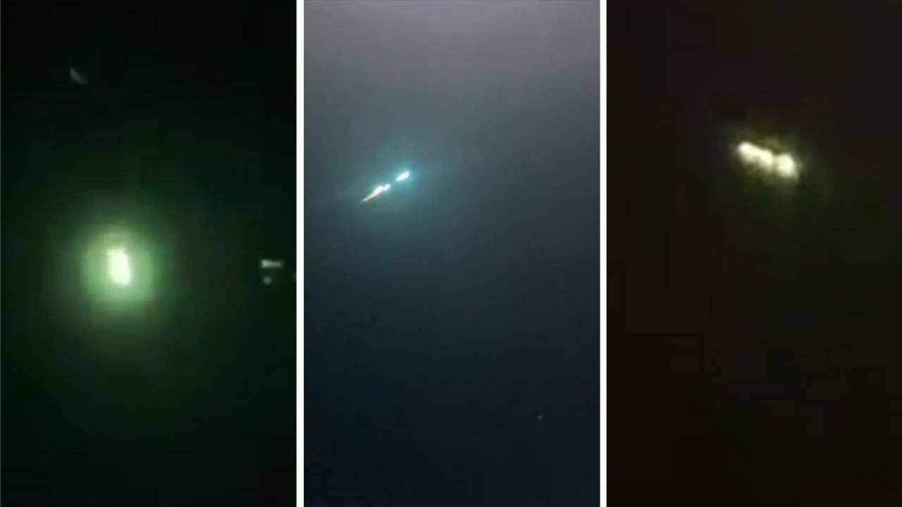 Série com três imagens que mostram meteoro avistado em Minas Gerais, São Paulo e Goiás no dia 19 de junho de 2023