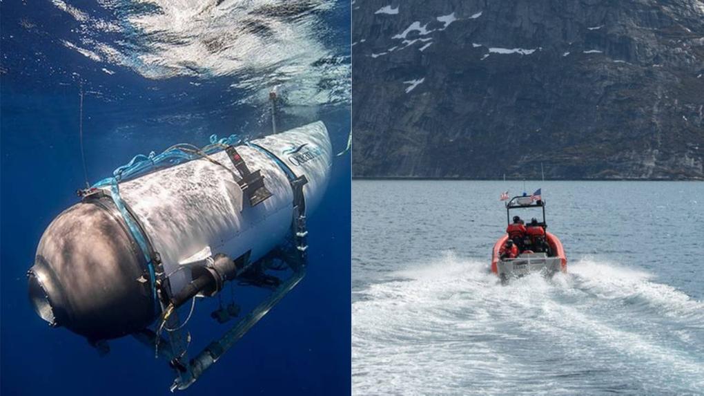 Montagem com imagens de submarino desaparecido ao visitar Titanic e equipes em bote sobre a água realizando busca por submergível