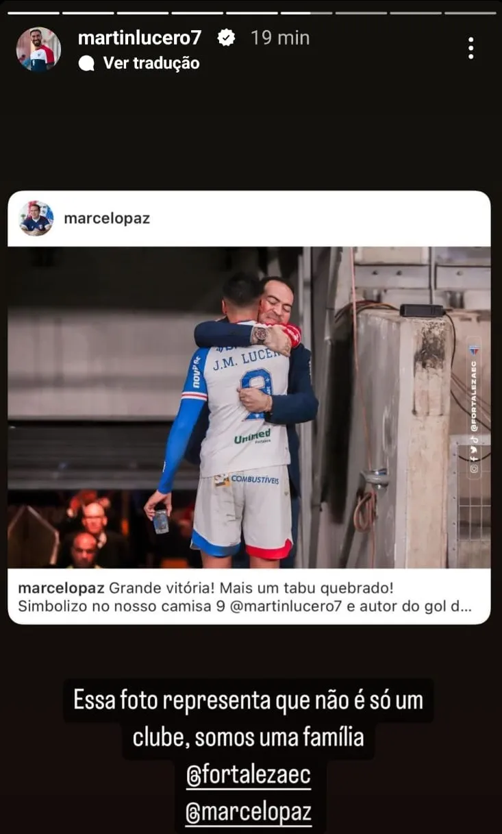 Lucero celebra vitória do Fortaleza diante do Cruzeiro.