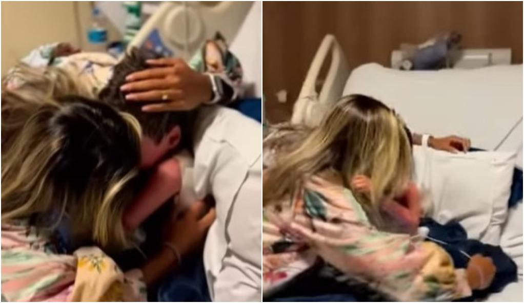 Montagem de fotos mostra mãe abraçando o filho em frame de vídeo que viralizou na internet