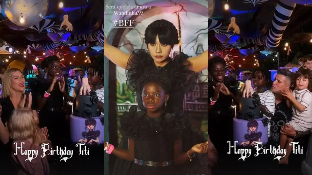 montagem com fotos da festa de titi, caracterizada de familia addams