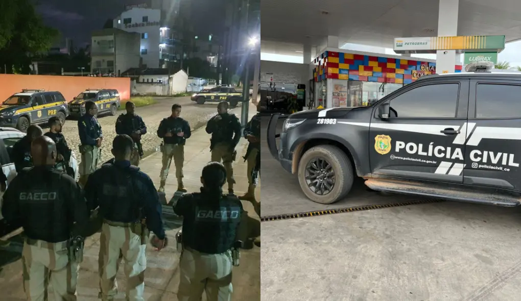 viaturas na rua e em um posto de combustível